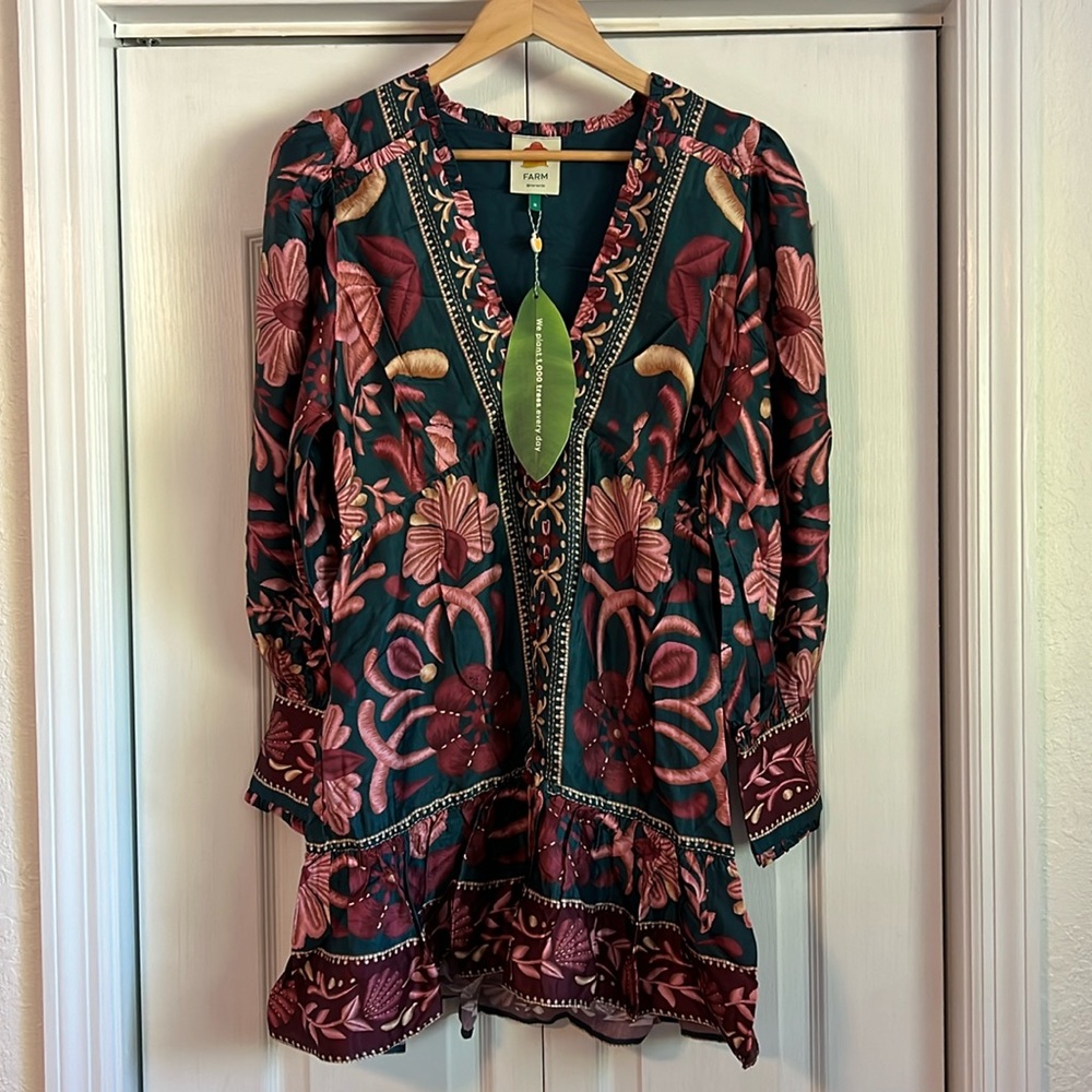 Seashell tapestry teal long sleeve mini dress